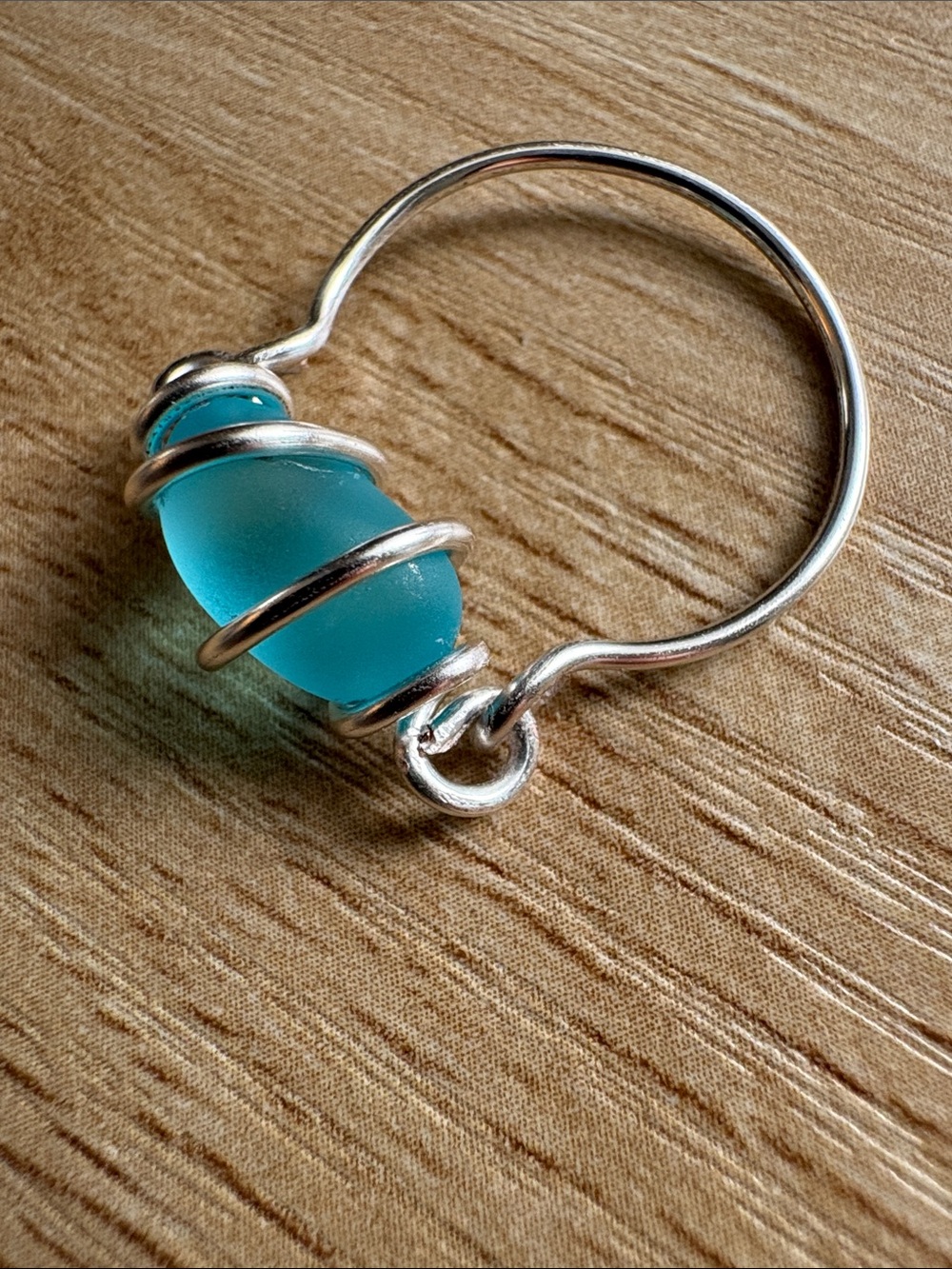 Artisan Hand Crafted Silver Plated  Wire-Wrapped Blue Sea Glass Ring - Size 7.5